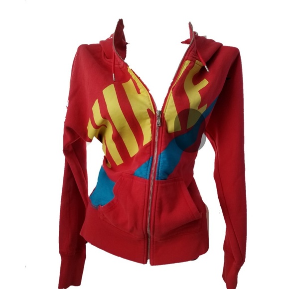 Nike Sweaters - NIKE Red Yellow Zip Up Hoodie Logo Sweatshirt